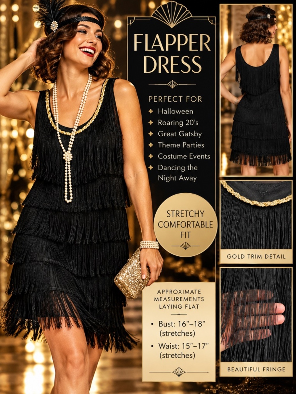 Black Flapper Fringe Dress Costume | Roaring 20s Great Gatsby | Stretchy